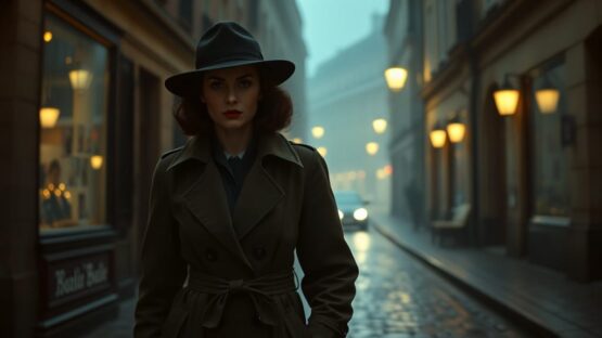 جاسوسة تمشي في أحد شوارع أوروبا في الفترة 1940 - جواسيس A spy woman walking in the streets of Europe in the 1940s wearing a trench coat and a hat