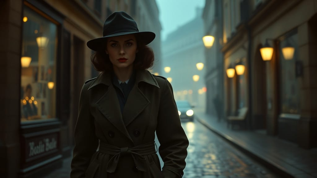 جاسوسة تمشي في أحد شوارع أوروبا في الفترة 1940 - جواسيس A spy woman walking in the streets of Europe in the 1940s wearing a trench coat and a hat