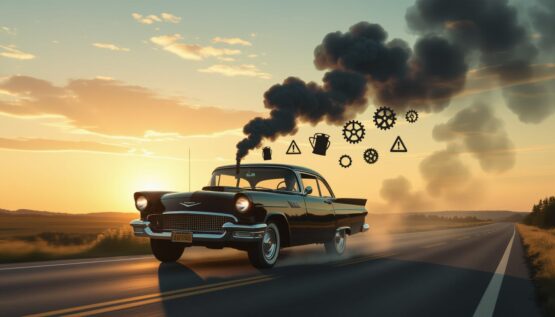 A dramatic, storytelling image of a car driving along a road at sunset, floating above the car smoky silhouettes (symbols like oil cans, warning lights, gears). The car’s headlights cut through the myths, symbolizing truth and clarity. Style: cinematic, warm tones, slightly surreal, similar to a modern book cover. Not too technical, more narrative and symbolic.