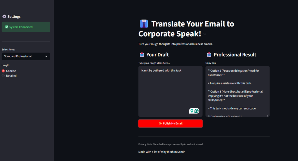AI translates casual email drafts into professional corporate speak.