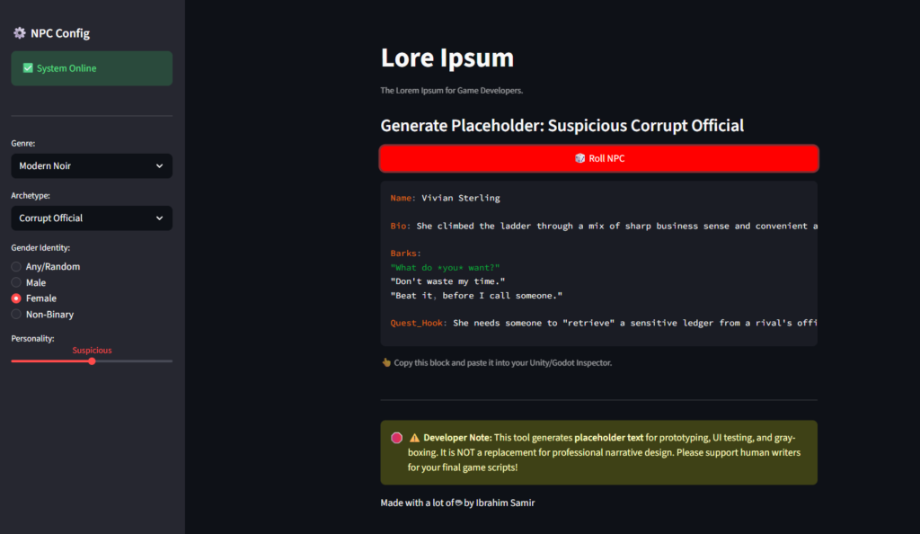 NPC config tool for generating suspicious, corrupt official characters for game developers.