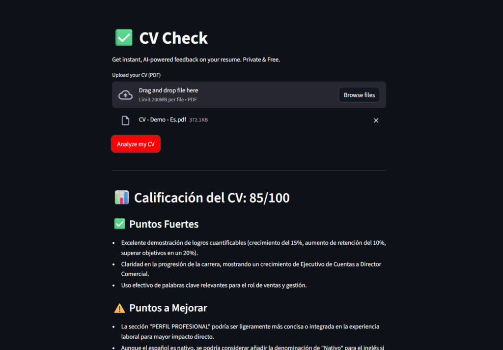 Get AI-powered CV check with instant resume feedback & analysis. Upload your PDF for a comprehensive CV review.