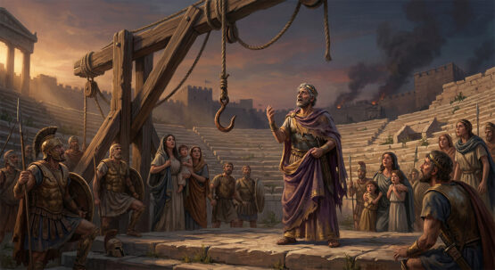 A king prays for divine intervention, a Deus Ex Machina, as his city burns and a crane looms.